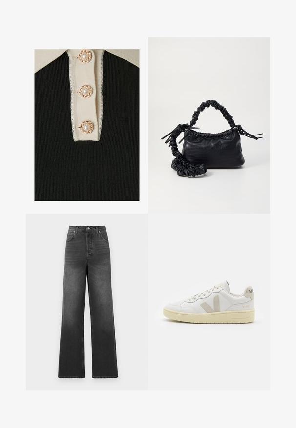 YAS YASMILLE - Poloskjorter - black/star white; Høyt liv, vide jeans laget av mørkegrå denim. Har et klassisk fem-lomme design og sydd hem detaljer.; Hvite lær sneakers med beige semsket detaljer, perforert tåboks, flate lisser og en teksturert kremfarget såle. Har subtil branding på hælen.; Svart faux skinn-håndveske med krokodilletekstur, strammet topp og en rynket stropp. Ser myk og kompakt ut i designen.