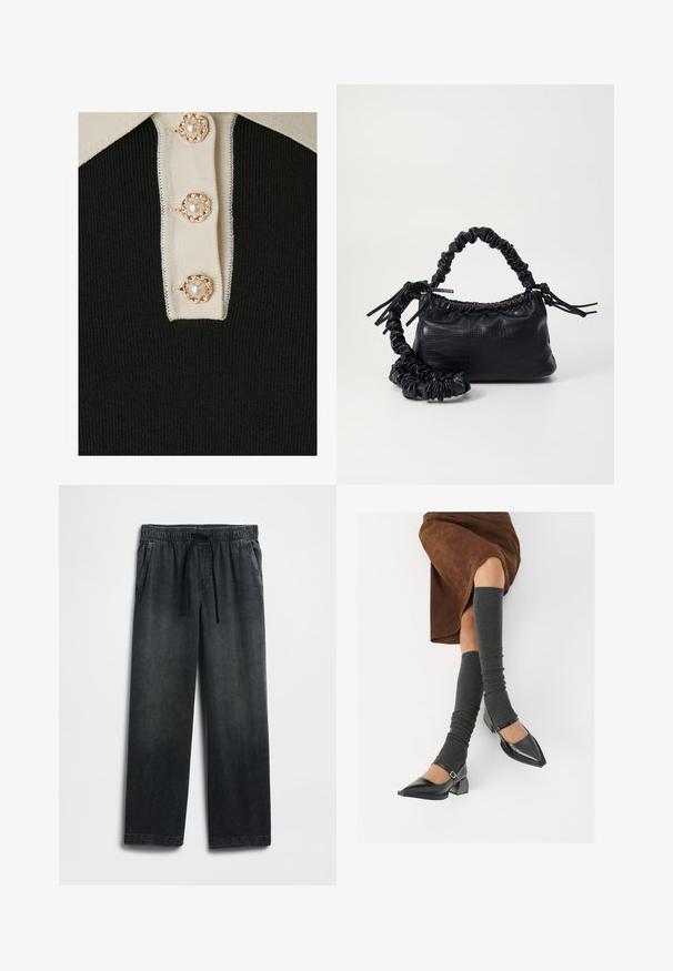 YAS YASMILLE - Poloshirt - black/star white; Zwarte spijkerbroek met een elastische tailleband met trekkoord, wijde pijpen en subtiele vervaagde details. Inclusief twee zijzakken.; Zwarte gepatineerde leren pumps met een puntige neus, een blokhak en een enkelbandje, gecombineerd met grijze geribde beenwarmers en een bruine suède rok.; Zwarte nepleer handtas met een krokodillenstructuur, opgedroogde bovenkant en een gekreukte hengsel. Het lijkt zacht en compact van ontwerp.