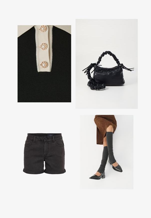 YAS YASMILLE - Polo majica - black/star white; Crne traper kratke hlače s uvijenim rubovima, s pet džepova i kopčanjem na gumbe u struku. Gledivost, ležeran kroj.; Crne lakirane cipele s šiljastim prstima, blok-petom i remenom oko gležnja, uparene s sivim rebrastim čarapama do koljena i smešnom suknjom od antilopa.; Crna torba od umjetne kože s teksturom krokodila, s cinčanim vrhom i naboranom trakom. Izgleda mekano i kompaktno u dizajnu.