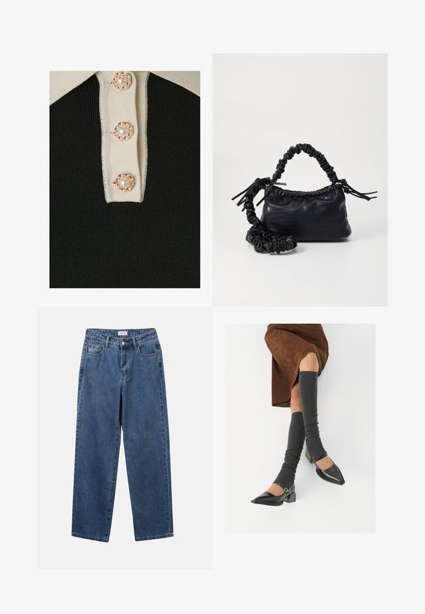 YAS YASMILLE - Polo krekls - black/star white; Klasiskie zili džinsi ar taisnu kāju dizainu, pieciem kabatām un pogu aizdari. Iezīmējas ar vidēju mazgāšanu un izturīgu tekstūru.; Melnas laka ādas apavi ar norādītu purngalu, blokveida papēdi un potīšu jostu, saskaņoti ar pelēkām ribotām kāju sildītājām un brūnu zamšādas svārku.; Melnā mākslīgās ādas rokassoma ar krokodila rakstu, savilkta augšdaļa un saburzīta siksna. Izskatās mīksta un kompakta pēc dizaina.