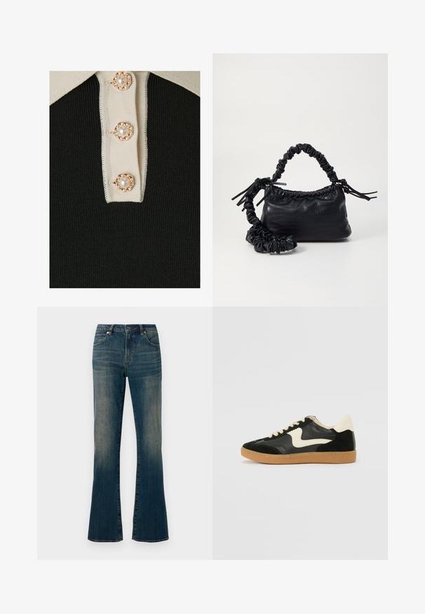 YAS YASMILLE - Polosärk - black/star white; Laienevad sinised denimpluusid, millel on veidi pleekinud viimistlus, viieTasku disain, nööbiga sulgus ja õmblustega detailid õmbluste ääres.; Must musta ja nahast sneakersid, millel on koorevärvi külgsuund ja hele koorik. Omab beeži paelu ja kummi kummist välistalla.; Must must sünteetilisest nahast käekott, millel on krokodillimuster, kokku tõmmatav ülaosa ja kortsus rihm. Tundub pehme ja kompaktne disain.