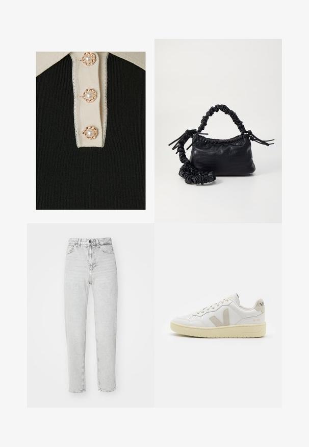 YAS YASMILLE - Poloskjorter - black/star white; Høytlivde rette ben jeans i lysegrå denim, med knapp og glidelås, fem lommer og en slitt vask.; Hvite lær sneakers med beige semsket detaljer, perforert tåboks, flate lisser og en teksturert kremfarget såle. Har subtil branding på hælen.; Svart faux skinn-håndveske med krokodilletekstur, strammet topp og en rynket stropp. Ser myk og kompakt ut i designen.