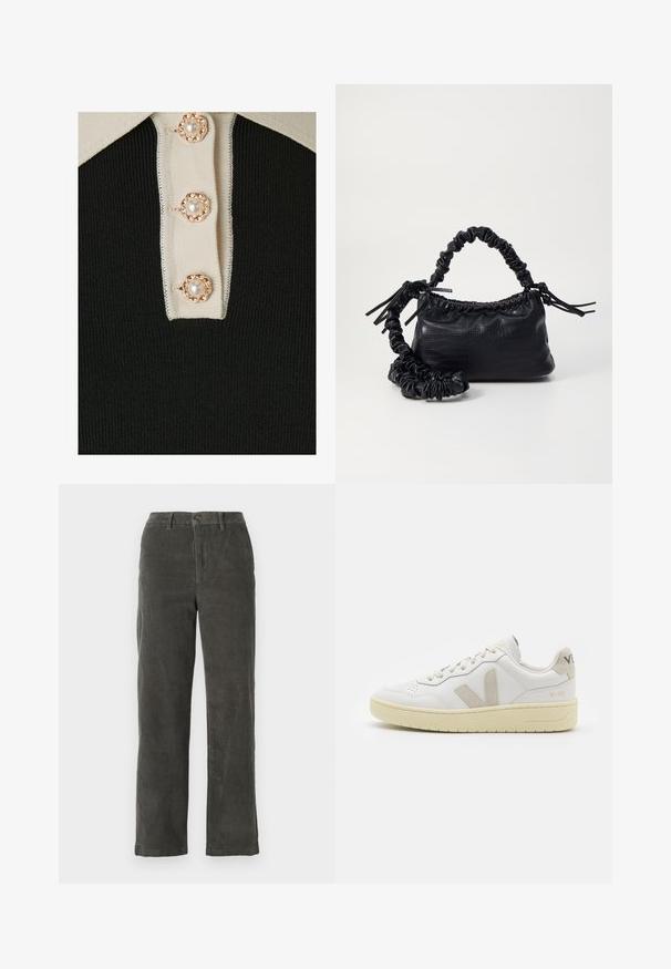 YAS YASMILLE - Polo shirt - black/star white; Gray corduroy trousers with a waistband, front button closure, and two side pockets. Straight-leg design and ribbed texture.; White leather sneaker with beige suede accents, perforated toe box, flat laces, and a textured cream sole. Features subtle branding on heel.; Black faux leather handbag with a crocodile texture, cinched top, and a scrunched strap. Appears soft and compact in design.