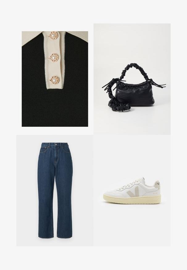 YAS YASMILLE - Poloskjorter - black/star white; Blå denimjeans med høy midje, vide ben, synlig søm og en enkelt knapp foran. Teksturert stoff med glatt overflate.; Hvite lær sneakers med beige semsket detaljer, perforert tåboks, flate lisser og en teksturert kremfarget såle. Har subtil branding på hælen.; Svart faux skinn-håndveske med krokodilletekstur, strammet topp og en rynket stropp. Ser myk og kompakt ut i designen.