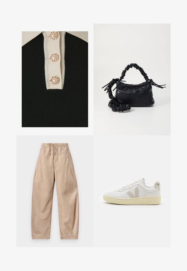 YAS YASMILLE - Pikeepaita - black/star white; Beige puuvillased laiad püksid elastse vöökohtade ja nööriga, külgtaskudega ning sujuva ja kergesti kulgevate tekstuuriga.; Valkoiset nahkakengät, joissa on vaaleanruskeat pigmenttisuojat, rei'itetty kärki, litteät nauhat ja teksturoitu kermaisa pohja. Takana on huomaamaton brändäys.; Must-have mustekahvi nahkalaukku krokotiiliaistalla, kiristetty yläosa ja rypistetty hihna. Näyttää pehmeältä ja kompaktilta muotoilultaan.