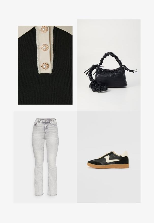 YAS YASMILLE - Poloshirt - black/star white; Helle graue Denim-Jeans mit hoher Taille, geradem Beinanschnitt, Fünf-Taschen-Design und subtilen Ausbleichungen im gesamten Stoff.; Schwarze Wildleder- und Leder-Sneaker mit einem cremefarbenen Seiten-Swoosh und einer hellcremefarbenen Ferse. Ausgestattet mit beige Schnürsenkeln und einer Gummilaufsohle.; Schwarze Handtasche aus Kunstleder mit Krokodilstruktur, gerafftem oberen Teil und einem geschoppten Tragegurt. Sie wirkt weich und kompakt im Design.