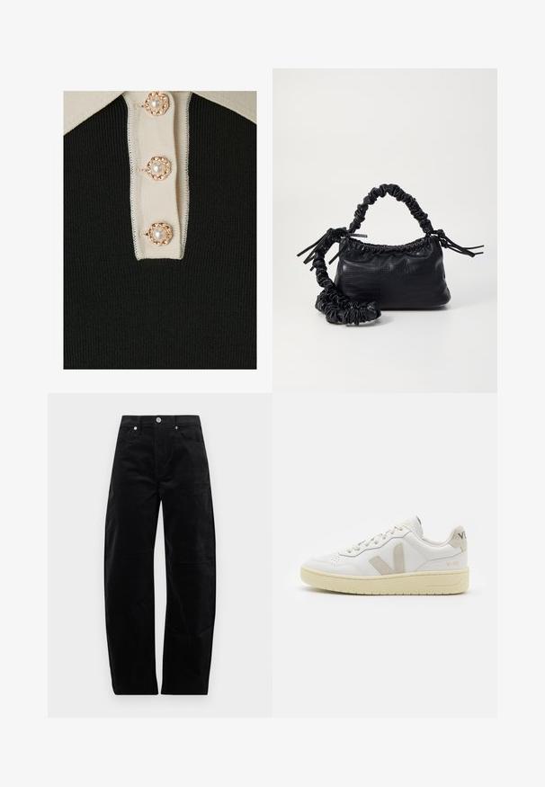 YAS YASMILLE - Polosärk - black/star white; Mustad sirge lõikega sametpüksid, ees klõpsuga ja lukuga, ees- ja tagataskud, esitatud tavalise taustaga.; Valge nahast tenniseking, millel on beežist siidist aktsent ja aukudega varvas, lame paelad ja tekstureeritud koorevärvi tallad. Omab nüansirikast brändimist kannal.; Must must sünteetilisest nahast käekott, millel on krokodillimuster, kokku tõmmatav ülaosa ja kortsus rihm. Tundub pehme ja kompaktne disain.