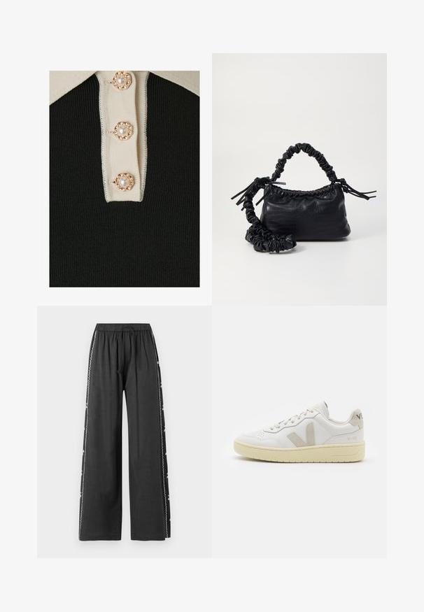 YAS YASMILLE - Polo shirt - black/star white; Black wide-leg pants with an elastic waistband and drawstring, featuring white embroidered accents along the side seam. Smooth texture.; White leather sneaker with beige suede accents, perforated toe box, flat laces, and a textured cream sole. Features subtle branding on heel.; Black faux leather handbag with a crocodile texture, cinched top, and a scrunched strap. Appears soft and compact in design.