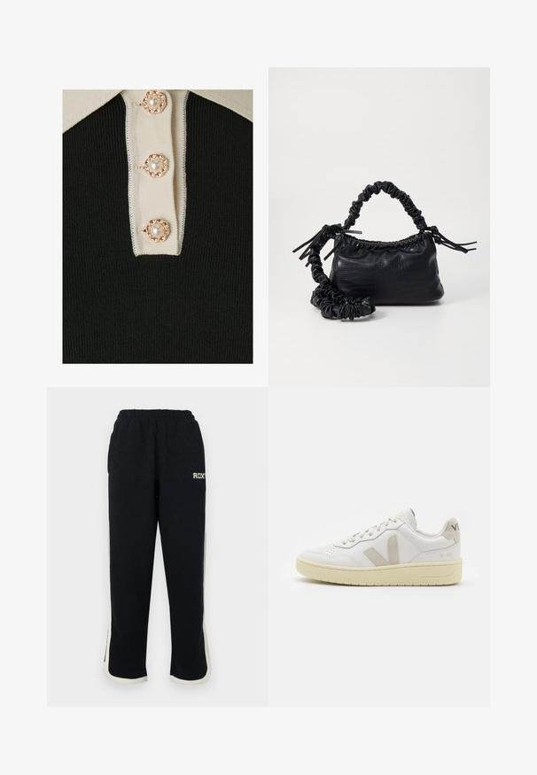 YAS YASMILLE - Poloshirt - black/star white; Zwarte sweatpants met een elastische tailleband, witte zijstrepen en een klein logo op de voorkant. Gemaakt van een zachte, textuurstof.; Witte leren sneaker met beige suède accenten, geperforeerde neus, platte veters en een gestructureerde crèmekleurige zool. Heeft subtiele branding op de hak.; Zwarte nepleer handtas met een krokodillenstructuur, opgedroogde bovenkant en een gekreukte hengsel. Het lijkt zacht en compact van ontwerp.