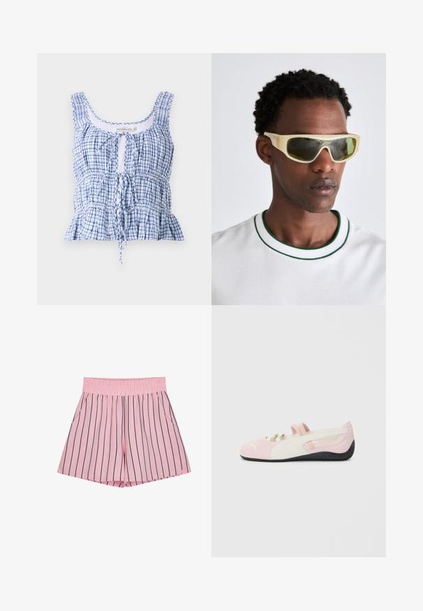 Zils un balts pārbaudītais īsais tops, izgatavots no viegla auduma. Tam ir izgriezts kakla līnija, regulējama sasiešana un savilkti auduma elementi.; Gaiši rozā šorti ar vertikālām tumši zilo svītrām, elastīgu jostu un sānu kabatām. Izgatavoti no mīkstas auduma ar brīvu piegriezumu.; Rozā zamša slēgtā tipa kurpe ar baltām akcentiem, gumijas zole un elastīgām siksnām. Iespējojusi teksturēts dizains un neliela logo priekšpusē.; Saulesbrilles ar caurspīdīgu dzeltenu rāmī un zaļganiem stikliem. Leņķiska dizaina, ar plašām tempļiem, valkātas ar baltu krekliņu, kuram ir zaļi akcenti.