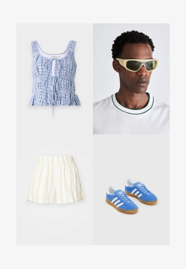 Modra in bela karirana skrajšana majica iz lahkega materiala. Ima okrogel izrez, prilagodljivo vezanje in gube.; Beli kratki hlače s tankimi rumenimi vertikalnimi črtami, elastičnim pasom in stranskimi razporki. Narejene iz lahkega, zračnega materiala.; Modre semiš športne čevlje z belimi črtastimi poudarki, gumo podplat in oblazinjen ovratnik za udobje. Ima klasičen vezalni dizajn.; Sončna očala s prozornim rumenim okvirjem in zeleno obarvanimi lečami. Kotna zasnova z širokimi ročaji, nosijo jih s belo srajco, ki ima zelene poudarke.