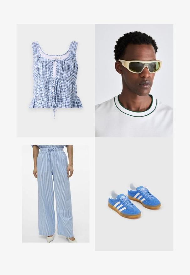 Sinine ja valge ruuduline lühike topp, mis on valmistatud kergest kangast. Omab ümmargust kaelust, reguleeritavat lipsu ja kogutud tekstuure.; Heledad laiad püksid helesinise ja valge triibuga, paelaga vöökohal ja pehme kangatekstuuriga. Omavad lõdva istuvust ja mugavat disaini.; Sinine sametüksi spordijalatsid valgete triipudega, kummist talla ja mugava pehmendusega kaela. Omab klassikalist sidumiskujundust.; Kollane raamiga läbipaistvad prillid ja rohelise tooniga objektiivid. Nurgeline disain laia templi ja valge särgiga, millel on rohelised aktsendid.