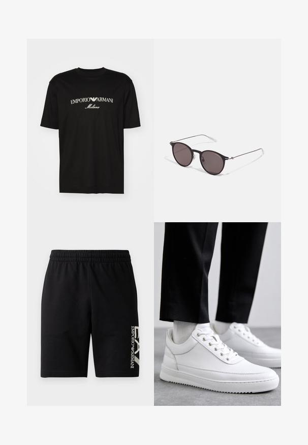 Crna pamučna majica s okruglim izrezom, kratkim rukavima i bijelim logotipom "EMPORIO ARMANI" iznad riječi "Milano" u zakrivljenom dizajnu.; EA7 Emporio Armani TRAIN VISIBILITY - Kratke hlače - black/cream; Bijele kožne tenisice s ravnim gumenenim potplatom, s glatkom završnom obradom, okruglim vrhom i metalnim rupama za vezice. Nosive s crnim hlačama.; Crne okrugle sunčane naočale s tamnim staklima i tankim metalnim ručkama. Uključuju prozirne vrhove ručki i srebrne naglaske na šarkama. Minimalistički dizajn.