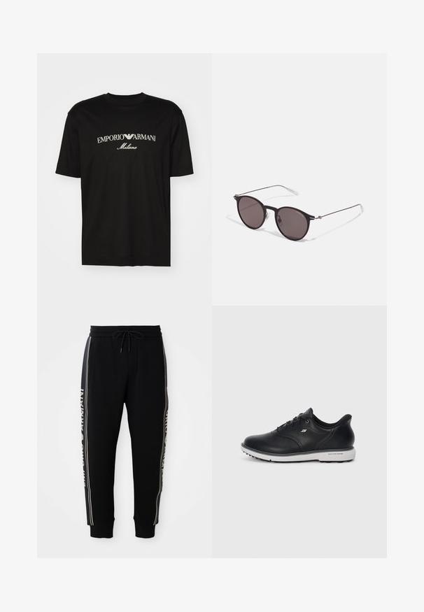 Zwarte katoenen T-shirt met een ronde halslijn, korte mouwen en het "EMPORIO ARMANI" logo in het wit boven "Milano" in een gebogen ontwerp.; Zwarte joggerbroeken met elastische tailleband, trekkoord, zijzakken, ribgebreide boorden en witte "Emporio Armani"-tekst langs de zijstrepen.; Zwarte leren vetersneaker van Skechers met witte zool, zijlogo en gestructureerde grip op de zool tegen een effen lichte achtergrond.; Zwarte ronde zonnebril met donkere lenzen en slanke metalen armen. Inclusief heldere tempelpunten en zilveren accenten bij de scharnier. Minimalistisch ontwerp.