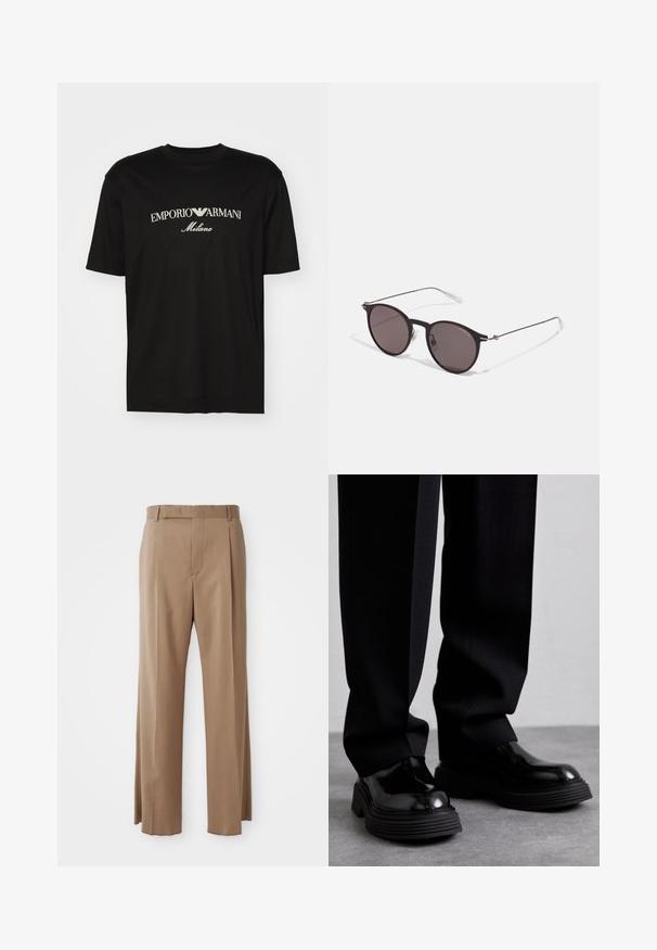 Svart bomull T-shirt med rund halsringning, korta ärmar och "EMPORIO ARMANI" logotyp i vitt ovanför "Milano" i en rundad design.; Ljust bruna skräddarsydda byxor med raka ben, bälteshällor, framfickor och dold stängning, upplagda plant mot vit bakgrund.; The Antipode BEATLES - Stövletter - black; Svarta runda solglasögon med mörka linser och smala metallarmar. Inkluderar klara tempeltips och silverdetaljer vid gångjärnet. Minimalistisk design.