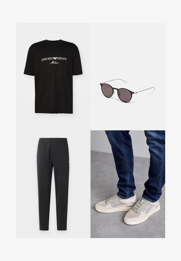 Camiseta de algodón negra con cuello redondo, mangas cortas y el logo de "EMPORIO ARMANI" en blanco sobre "Milano" en un diseño curvado.; Pantalones de chándal negros hechos de una tela suave, con una cintura elástica, perneras rectas y un pequeño detalle del logo en el lateral.; Zapatillas beige con acentos de malla y ante, que presentan punteras perforadas, cordones planos y una suela blanca. Combinadas con jeans de color azul oscuro.; Gafas de sol redondas negras con lentes oscuros y brazos metálicos delgados. Incluye puntas de varilla transparentes y acentos plateados en la bisagra. Diseño minimalista.
