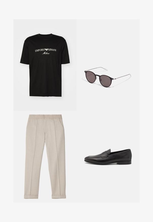 T-shirt en coton noir avec un col rond, des manches courtes et le logo "EMPORIO ARMANI" en blanc au-dessus de "Milano" dans un design incurvé.; Filippa K TERRY CROPPED TROUSERS - Pantalon classique - sage melange; Mocassin pour homme en cuir noir avec un petit talon et un design classique à lanière penny, présenté en profil sur fond blanc.; Lunettes de soleil noires rondes avec verres sombres et branches en métal fines. Comprend des embouts transparents et des accents argentés au niveau de la charnière. Design minimaliste.