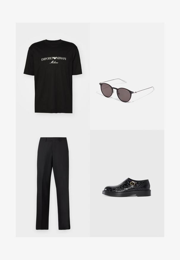 Musta puuvillapaita, jossa on pyöreä kaula-aukko, lyhyet hihat ja valkoinen "EMPORIO ARMANI" -logo, jonka yläpuolella on kaarevassa muodossa "Milano".; Mustat, suorat housut, jotka on valmistettu sileästä kankaasta. Niissä on tavallinen vyötärönauha, eikä niissä ole näkyviä kuvioita tai koristeita.; Mustat nahkakengät, joissa on krokotiilinaarmuotoinen pinta, pyöreä kärki, litteä kumipohja ja kultasävyinen neliönmuotoinen solki sivussa.; Musta pyöreä aurinkolasit tummilla linsseillä ja kapeilla metallikehyksillä. Sisältää kirkkaat temppelet ja hopeiset yksityiskohdat saranassa. Minimalistinen muotoilu.