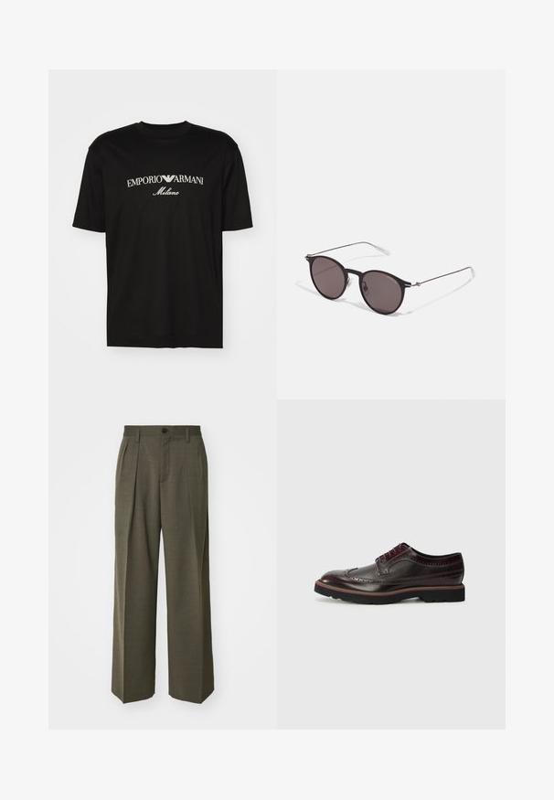 Juodas medvilninis marškinėliai su apvaliu iškirpu, trumpomis rankovėmis ir baltu "EMPORIO ARMANI" logotipu virš "Milano" kreivame dizaino.; Filippa K WIDE TROUSERS - Kelnės - driftwood; Rudi odiniai brogue tipo batai su perforuota detale, apvaliu nosiu, tekstiliniais akcentais ir juodu guminiu padu su spalvota krašte.; Juodos apvalios saulės akinių su tamsiais lęšiais ir plonomis metalinėmis šakomis. Įtraukti skaidrūs šventyklų galai ir sidabriniai akcentai vyrio srityje. Minimalistinis dizainas.