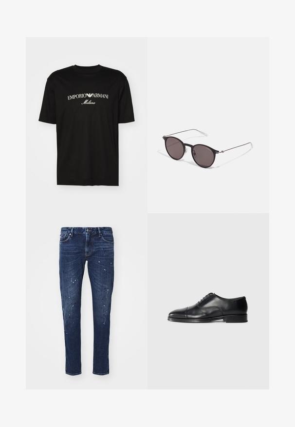 Tricou negru din bumbac cu guler rotund, mâneci scurte și logo-ul "EMPORIO ARMANI" în alb deasupra cuvântului "Milano" într-un design curbat.; Jeans din denim de culoare albastru închis, cu o croială slim, prezentând stropi de vopsea, cusături vizibile și un design standard cu cinci buzunare. Croială dreaptă a piciorului.; Pantofii din piele neagră, cu vârful rotund, textură netedă, design cu șireturi și un detaliu subtil de cusătură, având un toc jos și plat.; Ochelari de soare negri rotunzi cu lentile întunecate și brațe metalice subțiri. Include vârfuri transparente pentru brate și accente argintii la balama. Design minimalist.