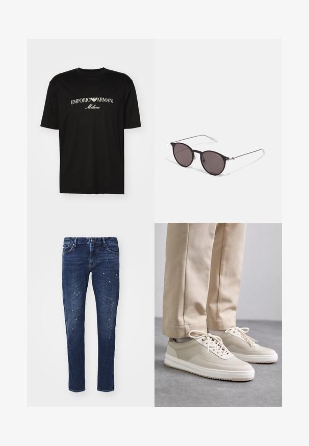 Svart bomulls T-skjorte med rund hals, korte ermer og "EMPORIO ARMANI" logo i hvitt over "Milano" i en buet design.; Mørkeblå denimjeans med smal passform, som har malingsplatter, synlige sømmer og standard fem-lomme design. Rett benkutt.; Beige joggesko med teksturert overdel, hvite såler og søm detaljer, sammen med beige bukser, vist på en grå overflate.; Sorte, runde solbriller med mørke linser og slanke metalarmer. Inkluderer klare temple tips og sølvfargede detaljer ved hengslet. Minimalistisk design.