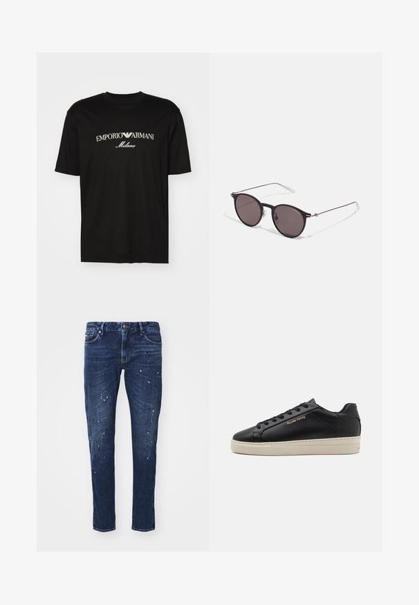 Fekete pamut póló, kerek nyakkal, rövid ujjakkal, rajta fehér "EMPORIO ARMANI" logó, a "Milano" felirattal ívelt formában.; Sötétkék, slim fit farmernadrág, festékcseppekkel, látható varrással és klasszikus öt zsebbel. Egyenes szárú fazon.; Fekete bőrcipő sima felülettel, kontrasztos krém színű talppal, kerek orral, arany logóval az oldalán és hat fűzőlyukkal.; Fekete kerek napszemüveg sötét lencsékkel és karcsú fém szárakkal. Átlátszó szárvégeket és ezüst részleteket tartalmaz az ívnél. Minimalista dizájn.