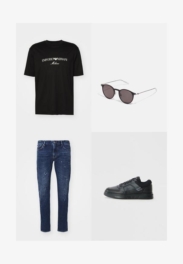 Must must T-särk, millel on ümmargune kaelus, lühikesed варст и väljend "EMPORIO ARMANI" valgete tähtedega, mille all on kõveras kujunduses sõna "Milano".; Tumed sinised teksad kitsas lõikega, millel on värvivired, nähtavad õmblused ja tavaline viie tasku disain. Sirge sääre lõige.; Mustad mustad, millel on sile nahk, võrkdetailid, perforatsioonid ja tekstureeritud kummist talla madal profiil.; Mustad mustad prillid tumedate läätsedega ja õhukeste metallist käepidemetega. Kaarja kujuga seljaosa ja hõbedased aktsendid hingel. Minimalistlik disain.