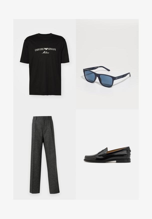 Black cotton T-shirt featuring a round neckline, short sleeves, and "EMPORIO ARMANI" logo in white above "Milano" in a curved design.; Gray tailored trousers made of textured fabric, featuring two front pleats and a straight-leg design. No visible pockets or embellishments.; Bally CHARLEX - Smart slip-ons - black; Blue rectangular sunglasses with dark lenses, matte navy frame, logo detail on the temple, straight arms, and a solid, smooth texture.