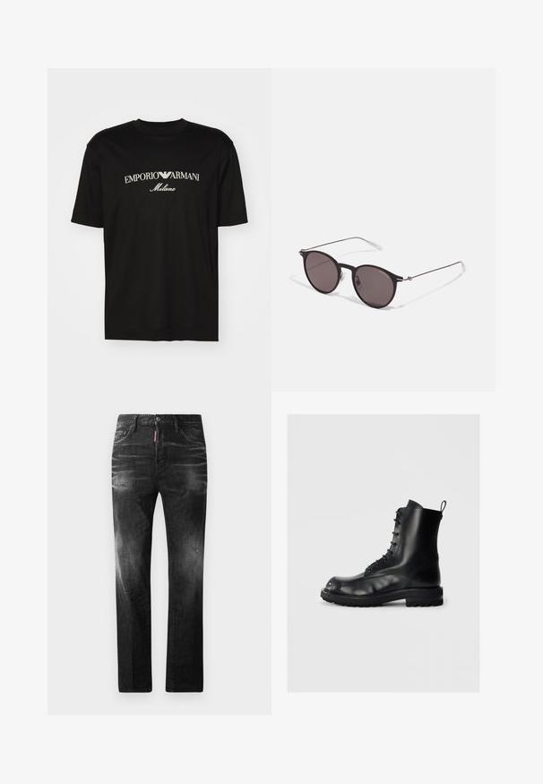 T-shirt in cotone nero con scollatura rotonda, maniche corte e logo "EMPORIO ARMANI" in bianco sopra "Milano" in una disposizione curva.; Jeans in denim nero con vestibilità dritta. Presentano aree sbiadite, leggeri segni di usura, classico design a cinque tasche e chiusura con bottone.; Stivale in pelle nera con lacci, suola spessa e linguetta di trazione su uno sfondo chiaro, vista laterale che mostra lo stivale sinistro.; Occhiali da sole neri rotondi con lenti scure e sottili bracci in metallo. Include punte trasparenti e accenti argentati alla cerniera. Design minimalista.