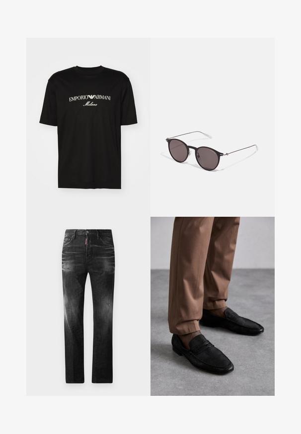 Čierne bavlnené tričko s okrúhlym výstrihom, krátkymi rukávmi a bielym logom "EMPORIO ARMANI" nad textom "Milano" v zakrivenej línii.; Čierne denimové džínsy so štandardným strihom. Obsahujú vyblednuté oblasti, drobné opotrebenie, klasický dizajn s piatimi vreckami a zapínanie na gombík.; Čierne poltopánky s textúrovaným vzorom, s okrúhlou špičkou a nízkym profilom. Spárované so svetlohnedými nohavicami na sivej ploche.; Čierne okrúhle slnečné okuliare s tmavými sklami a tenkými kovovými ramenami. Obsahujú priehľadné konce rámov a strieborné akcenty na pántoch. Minimalistický dizajn.