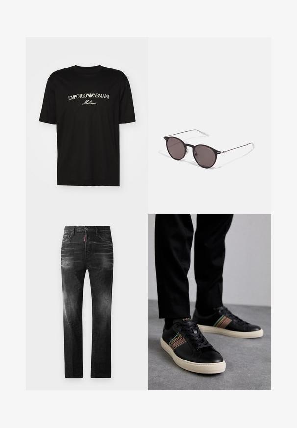 Crna pamučna majica s okruglim izrezom, kratkim rukavima i bijelim logotipom "EMPORIO ARMANI" iznad riječi "Milano" u zakrivljenom dizajnu.; Crne traperice od denima ravnog kroja. Imaju izbljedjela područja, male oštećenja, klasičan dizajn s pet džepova i kopčanje na dugme.; Crne kožne tenisice s višebojnim prugastim akcentima, okrugli vrh i bijele gumene potplate, s vezicama i urezanim logotipom.; Crne okrugle sunčane naočale s tamnim staklima i tankim metalnim ručkama. Uključuju prozirne vrhove ručki i srebrne naglaske na šarkama. Minimalistički dizajn.