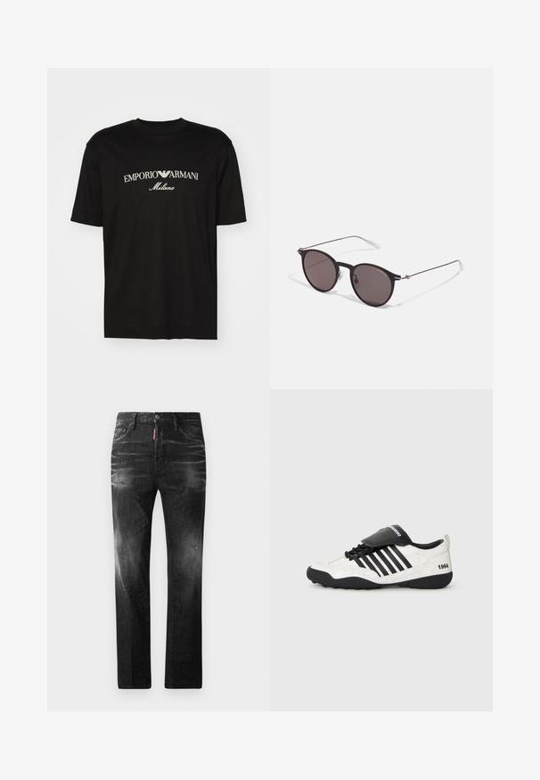 T-shirt in cotone nero con scollatura rotonda, maniche corte e logo "EMPORIO ARMANI" in bianco sopra "Milano" in una disposizione curva.; Jeans in denim nero con vestibilità dritta. Presentano aree sbiadite, leggeri segni di usura, classico design a cinque tasche e chiusura con bottone.; Sneaker con texture bianca screpolata, dettagli neri, cinque strisce orizzontali e linguetta imbottita nera etichettata "1984". Suola in gomma nera.; Occhiali da sole neri rotondi con lenti scure e sottili bracci in metallo. Include punte trasparenti e accenti argentati alla cerniera. Design minimalista.