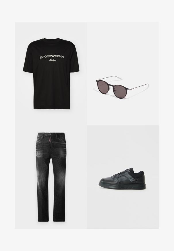 T-shirt de algodão preta com gola redonda, mangas curtas e o logo "EMPORIO ARMANI" em branco acima de "Milano" num design curvo.; Jeans de denim preto com um corte reto. Apresentam áreas desbotadas, ligeira degradação, design clássico de cinco bolsos e um fecho de botão.; Ténis pretos com um superior em couro liso, detalhes em malha, pormenores perfurados e uma sola de borracha texturizada com um design de perfil baixo.; Óculos de sol redondos pretos com lentes escuras e hastes metálicas finas. Inclui pontas de templo transparentes e detalhes em prata na dobradiça. Design minimalista.
