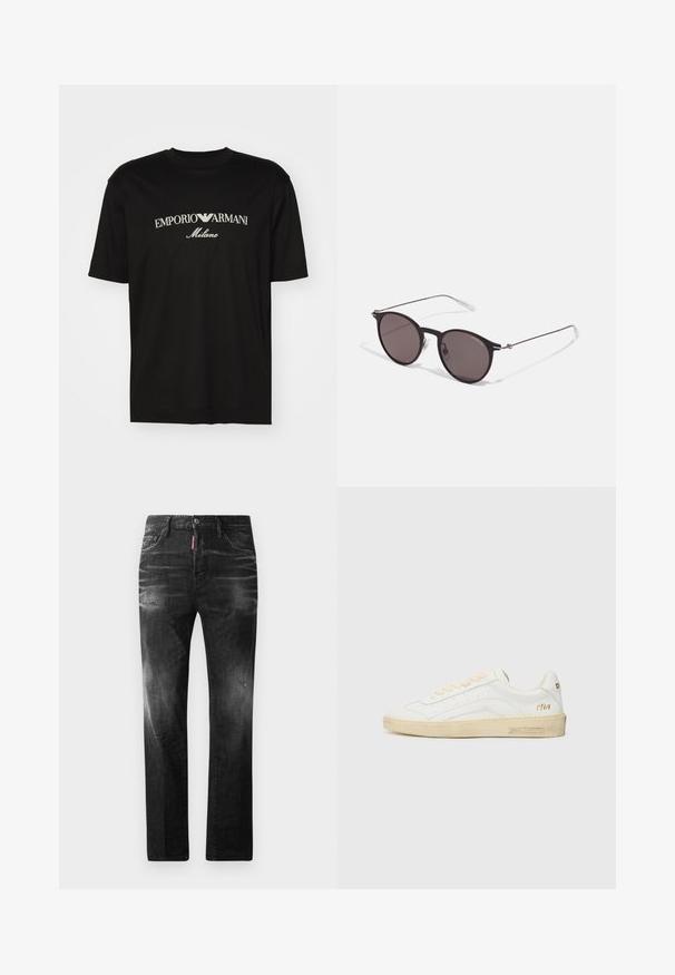 Black cotton T-shirt featuring a round neckline, short sleeves, and "EMPORIO ARMANI" logo in white above "Milano" in a curved design.; Black denim jeans with a straight fit. Features faded areas, minor distressing, classic five-pocket design, and a button closure.; White leather sneaker with beige laces, off-white rubber sole, and subtle perforations. Features gold text "1964" and branding on the heel.; Black round sunglasses with dark lenses and slim metal arms. Includes clear temple tips and silver accents at the hinge. Minimalist design.