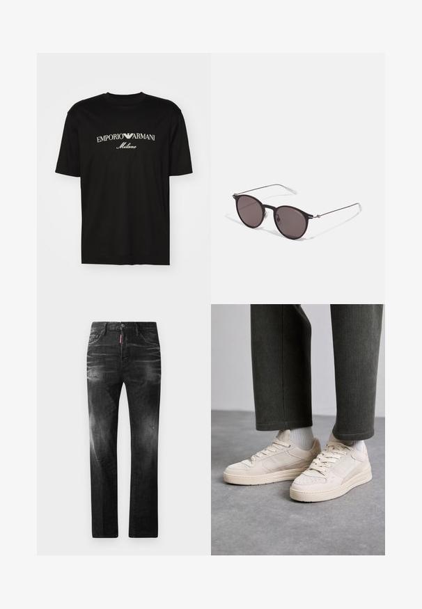 Black cotton T-shirt featuring a round neckline, short sleeves, and "EMPORIO ARMANI" logo in white above "Milano" in a curved design.; Black denim jeans with a straight fit. Features faded areas, minor distressing, classic five-pocket design, and a button closure.; Beige sneakers made of suede and mesh, featuring perforated accents, flat laces, and a thick sole. Worn with green corduroy pants.; Black round sunglasses with dark lenses and slim metal arms. Includes clear temple tips and silver accents at the hinge. Minimalist design.