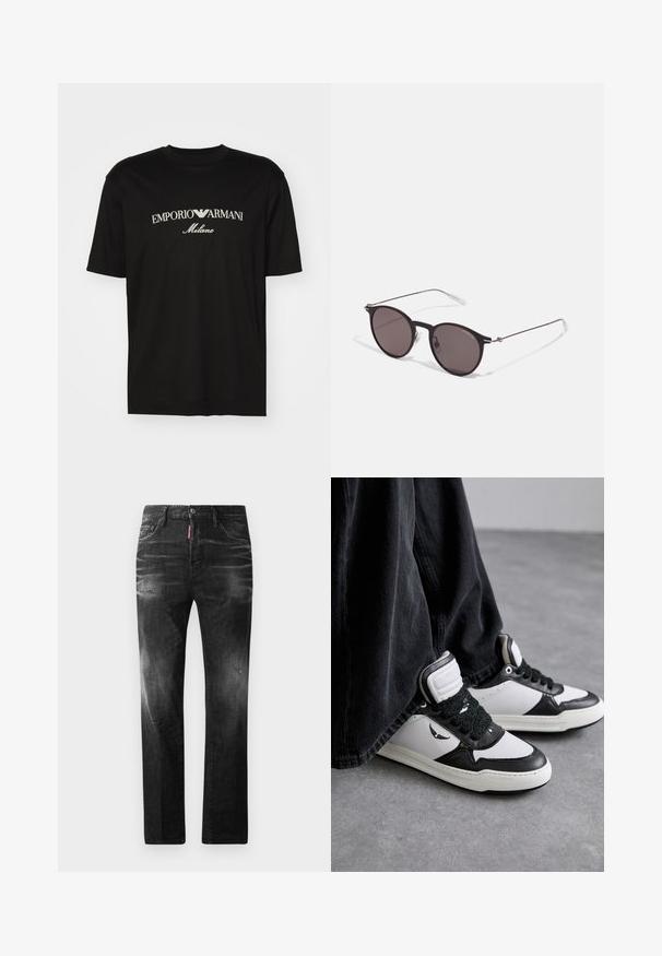 Must must T-särk, millel on ümmargune kaelus, lühikesed варст и väljend "EMPORIO ARMANI" valgete tähtedega, mille all on kõveras kujunduses sõna "Milano".; Mustad denim püksid otse lõikega. Omavad kulunud piirkondi, väikseid kahjustusi, klassikalist viit taskut ning nööpkinnitust.; Mustvalged kõrgsokiga tennisetossud, millel on tekstuuriga musta paela detail, nahast ja sünteetilisest materjalist, ning küljel on logo.; Mustad mustad prillid tumedate läätsedega ja õhukeste metallist käepidemetega. Kaarja kujuga seljaosa ja hõbedased aktsendid hingel. Minimalistlik disain.