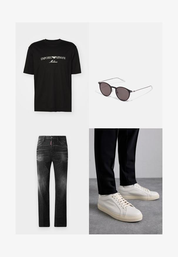 T-shirt de algodão preta com gola redonda, mangas curtas e o logo "EMPORIO ARMANI" em branco acima de "Milano" num design curvo.; Jeans de denim preto com um corte reto. Apresentam áreas desbotadas, ligeira degradação, design clássico de cinco bolsos e um fecho de botão.; Tênis de couro bege claro com atacadores planos, uma superfície texturizada e uma sola de borracha creme contrastante, combinados com calças pretas ajustadas.; Óculos de sol redondos pretos com lentes escuras e hastes metálicas finas. Inclui pontas de templo transparentes e detalhes em prata na dobradiça. Design minimalista.