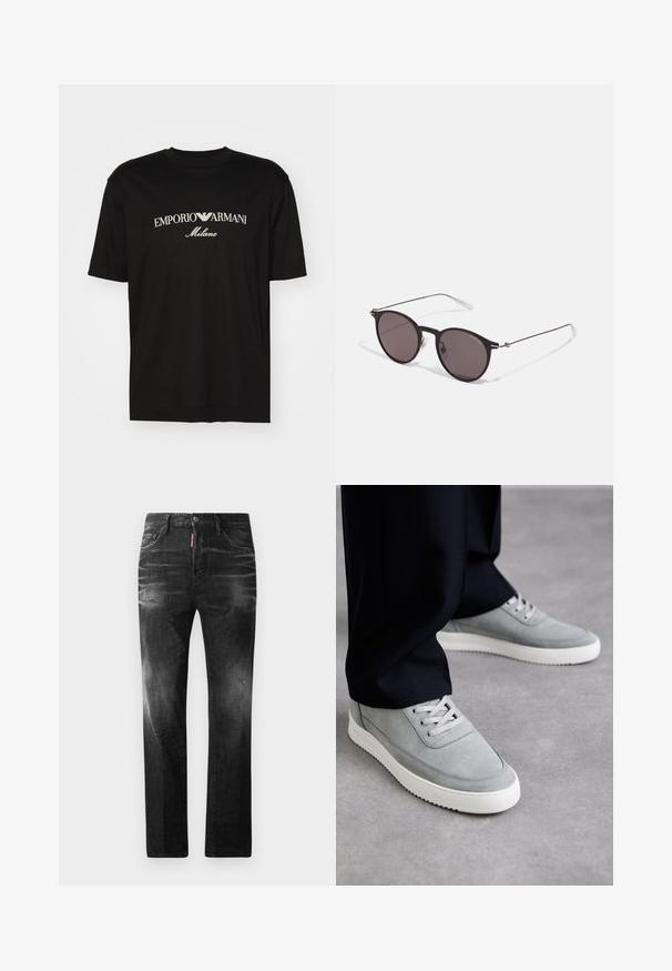 Black cotton T-shirt featuring a round neckline, short sleeves, and "EMPORIO ARMANI" logo in white above "Milano" in a curved design.; Black denim jeans with a straight fit. Features faded areas, minor distressing, classic five-pocket design, and a button closure.; Gray suede sneakers with white rubber soles, featuring lace-up design, rounded toe, and subtle stitching details, worn with black pants.; Black round sunglasses with dark lenses and slim metal arms. Includes clear temple tips and silver accents at the hinge. Minimalist design.