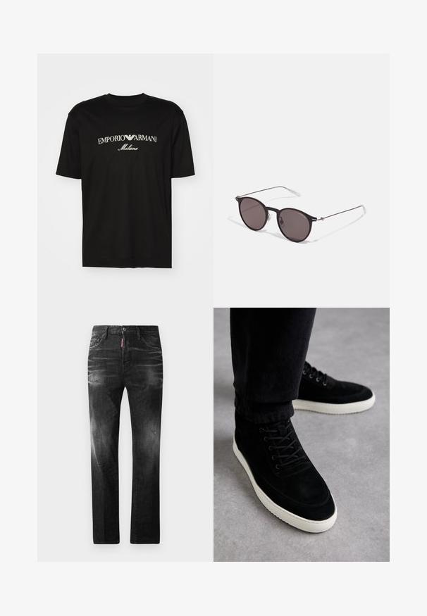 Black cotton T-shirt featuring a round neckline, short sleeves, and "EMPORIO ARMANI" logo in white above "Milano" in a curved design.; Black denim jeans with a straight fit. Features faded areas, minor distressing, classic five-pocket design, and a button closure.; Black suede high-top sneakers with a white rubber sole, featuring lace-up closure and stitching details, set against a neutral background.; Black round sunglasses with dark lenses and slim metal arms. Includes clear temple tips and silver accents at the hinge. Minimalist design.