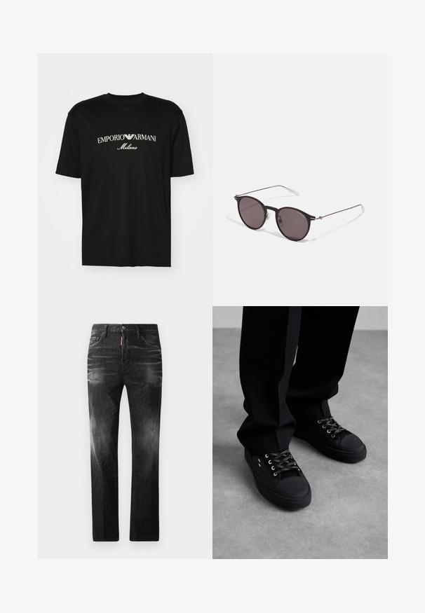 Fekete pamut póló, kerek nyakkal, rövid ujjakkal, rajta fehér "EMPORIO ARMANI" logó, a "Milano" felirattal ívelt formában.; Fekete farmernadrág egyenes szabással. Fakadó területek, kisebb kopások, klasszikus öt zsebes kialakítás és gombos zárás jellemzi.; Fekete sportcipők hálós felsőrésszel, gumírozott orral, fém fűzőlyukakkal és eltérő színű fűzőkkel rendelkeznek. Fekete nadrággal párosítva, szürke felületen.; Fekete kerek napszemüveg sötét lencsékkel és karcsú fém szárakkal. Átlátszó szárvégeket és ezüst részleteket tartalmaz az ívnél. Minimalista dizájn.