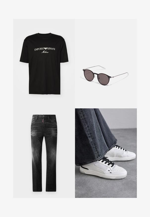 Černé bavlněné tričko s kulatým výstřihem, krátkými rukávy a logem "EMPORIO ARMANI" v bílém nad nápisem "Milano" v zakřiveném provedení.; Černé džíny z denimu se rovnými nohavicemi. Obsahují vybledlé oblasti, drobné poškození, klasický pětikapsový design a zapínání na knoflík.; Bílé tenisky s černými tkaničkami a síťovinou. Mají hladký kožený svršek a texturovanou gumovou podrážku. Doplňují je široké šedé džíny.; Černé kulaté sluneční brýle s tmavými skly a tenkými kovovými nohami. Obsahují průhledné koncovky nožiček a stříbrné akcenty na pantu. Minimalistický design.
