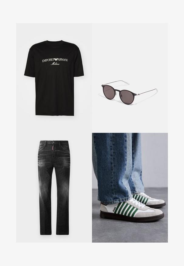Sort bomulds T-shirt med rund halsudskæring, korte ærmer og "EMPORIO ARMANI" logo i hvid over "Milano" i et buet design.; Sorte denim jeans med lige pasform. Har falmede områder, mindre slid, klassisk fem-lommer design og knaplukning.; Hvide og grønne sneakers med ruskind og lædermaterialer, prydet med grønne striber, hvide snørebånd og en gummisål. Stylet med blå jeans.; Sorte runde solbriller med mørke linser og slanke metalarme. Inkluderer klare tempeltips og sølvdetaljer ved hængslet. Minimalistisk design.
