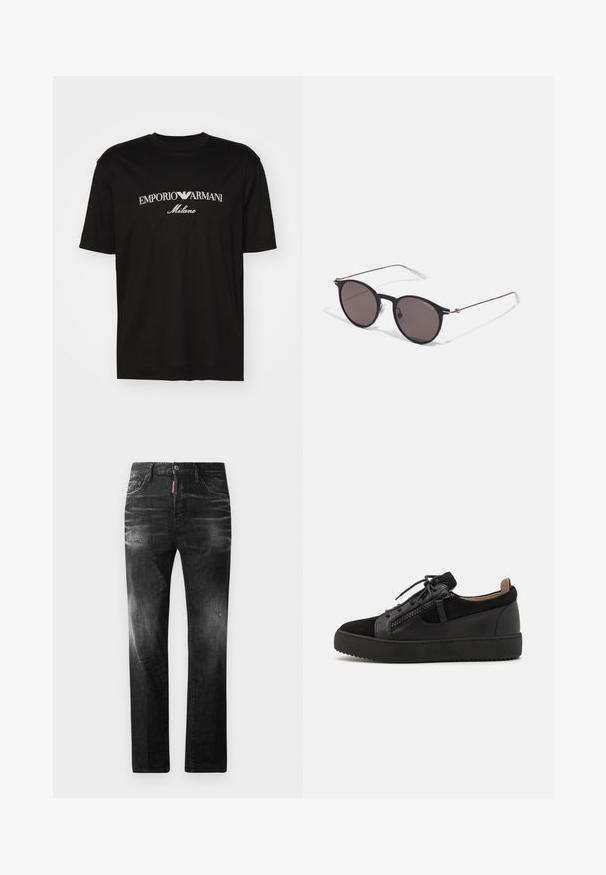 Fekete pamut póló, kerek nyakkal, rövid ujjakkal, rajta fehér "EMPORIO ARMANI" logó, a "Milano" felirattal ívelt formában.; Fekete farmernadrág egyenes szabással. Fakadó területek, kisebb kopások, klasszikus öt zsebes kialakítás és gombos zárás jellemzi.; Giuseppe Zanotti DOUBLE ZIP - Sportcipő - black; Fekete kerek napszemüveg sötét lencsékkel és karcsú fém szárakkal. Átlátszó szárvégeket és ezüst részleteket tartalmaz az ívnél. Minimalista dizájn.
