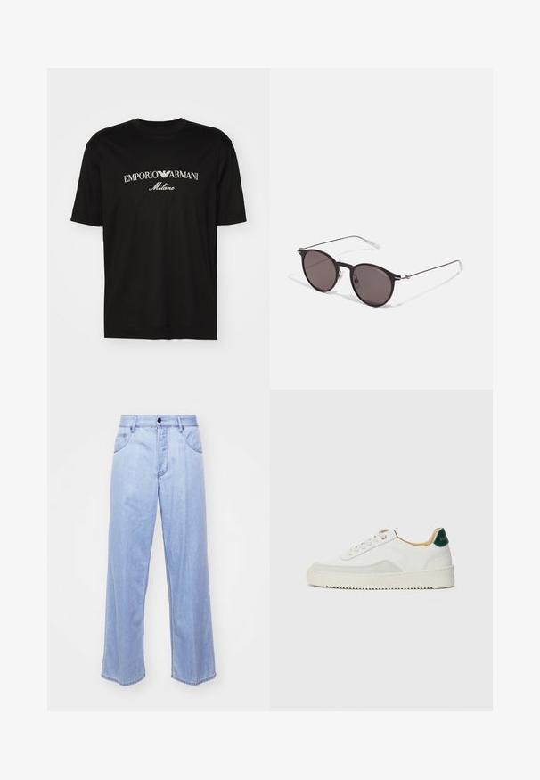 T-shirt de algodão preta com gola redonda, mangas curtas e o logo "EMPORIO ARMANI" em branco acima de "Milano" num design curvo.; Jeans de ganga de perna larga azul claro com uma cintura alta, apresentando bolsos frontais, fecho de botão e bainha reta. Textura suave em toda a peça.; Tênis brancos com detalhes em camurça, bico arredondado, atacadores planos e sola de borracha creme. Apresenta uma marcação verde no calcanhar.; Óculos de sol redondos pretos com lentes escuras e hastes metálicas finas. Inclui pontas de templo transparentes e detalhes em prata na dobradiça. Design minimalista.