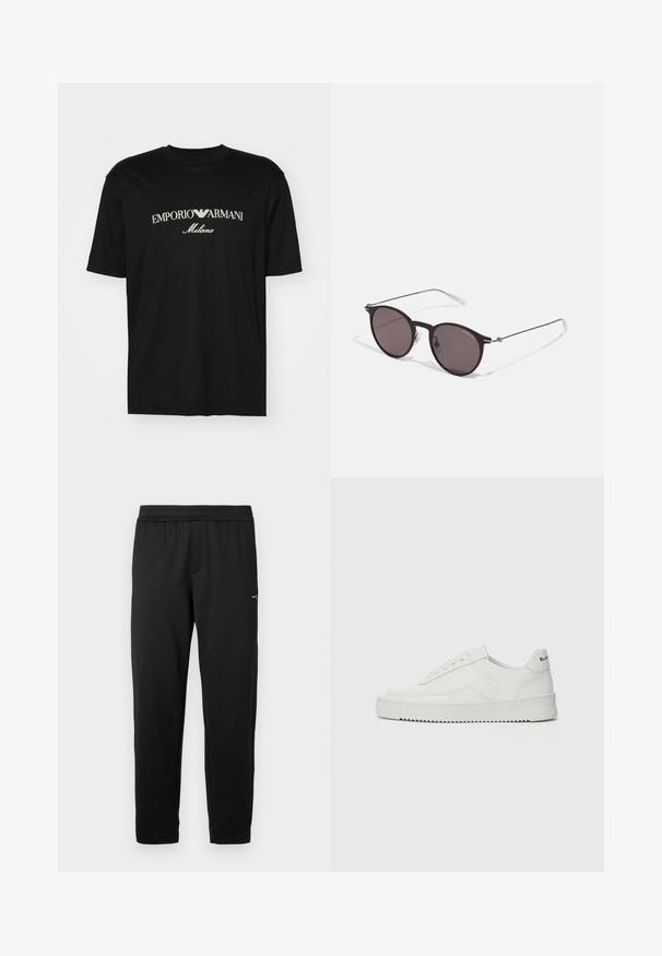Schwarzes Baumwoll-T-Shirt mit Rundhalsausschnitt, kurzen Ärmeln und dem "EMPORIO ARMANI"-Logo in Weiß über dem geschwungenen Schriftzug "Milano".; Schwarze Sweatpants mit elastischem Bund und schmal zulaufenden Beinen sowie kleinem Logo am Oberschenkel, auf weißem Hintergrund präsentiert.; Weiße Ledersneaker mit glatter Oberfläche, runder Zehenpartie, flachen Schnürsenkeln und strukturiertem Sohlenprofil. Mit einem dezenten Logo an der Ferse.; Schwarze runde Sonnenbrille mit dunklen Gläsern und schlanken Metallbügeln. Enthält klare Tempelspitzen und silberne Akzente am Scharnier. Minimalistisches Design.