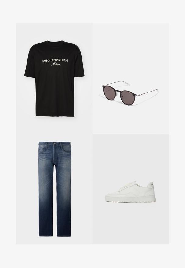 Juodas medvilninis marškinėliai su apvaliu iškirpu, trumpomis rankovėmis ir baltu "EMPORIO ARMANI" logotipu virš "Milano" kreivame dizaino.; Tiesūs džinsai tamsiai mėlynos spalvos. Su penkiais kišenėmis, užtrauktuku ir mygtuko uždarymu. Šiek tiek prislopinta tekstūra šlaunies srityje. Džinsinis audinys.; Balti odiniai sportiniai bateliai su lygia apdaila, apvaliu pirštu, plokščiais raišteliais ir tekstūruotu padu. Pasižymi subtiliu logotipu ant kulno.; Juodos apvalios saulės akinių su tamsiais lęšiais ir plonomis metalinėmis šakomis. Įtraukti skaidrūs šventyklų galai ir sidabriniai akcentai vyrio srityje. Minimalistinis dizainas.