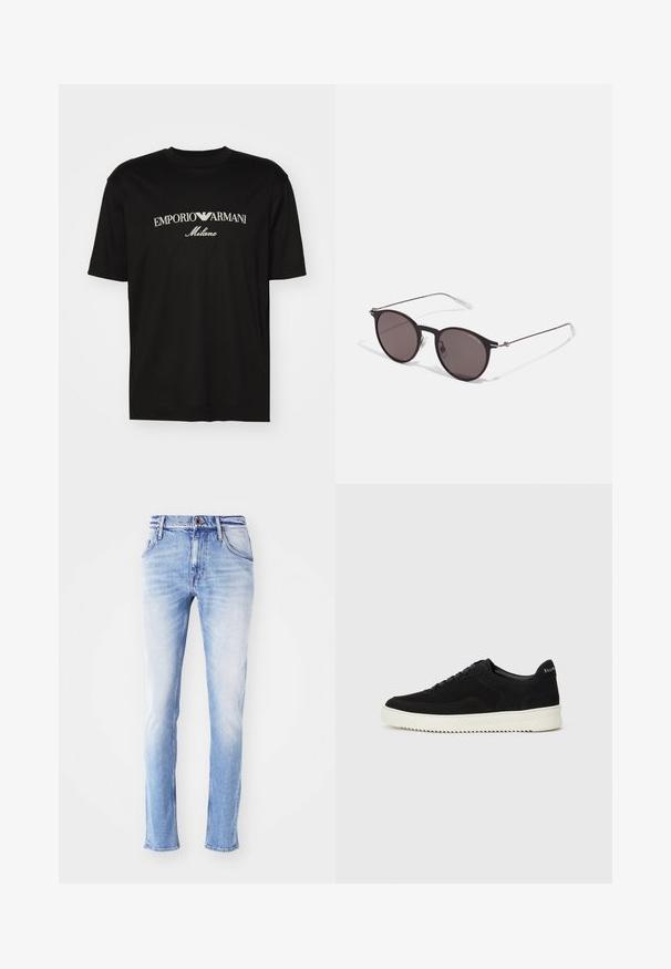 T-shirt de algodão preta com gola redonda, mangas curtas e o logo "EMPORIO ARMANI" em branco acima de "Milano" num design curvo.; Jeans de denim azul claro com um acabamento desbotado, corte reto, cinco bolsos, passantes para cinto e fecho de botão único na cintura.; Sapatilhas de camurça pretas com design de atacadores e sola de borracha branca em contraste. Apresenta painéis laterais texturizados e uma marcação discreta no calcanhar.; Óculos de sol redondos pretos com lentes escuras e hastes metálicas finas. Inclui pontas de templo transparentes e detalhes em prata na dobradiça. Design minimalista.