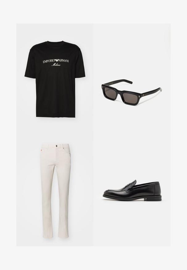 Camiseta de algodón negra con cuello redondo, mangas cortas y el logo de "EMPORIO ARMANI" en blanco sobre "Milano" en un diseño curvado.; Jeans rectos beige hechos de una mezcla de algodón. Presentan un diseño tradicional de cinco bolsillos y cierre de botón de metal en la cintura.; Mocasines de cuero negro con una textura suave, puntera redondeada y una tira decorativa en el empeine. Tacón bajo apilado, diseño minimalista.; Gafas de sol rectangulares negras con lentes oscuros, marco de plástico grueso, acentos dorados en las patillas y logotipo de la marca grabado en el brazo.