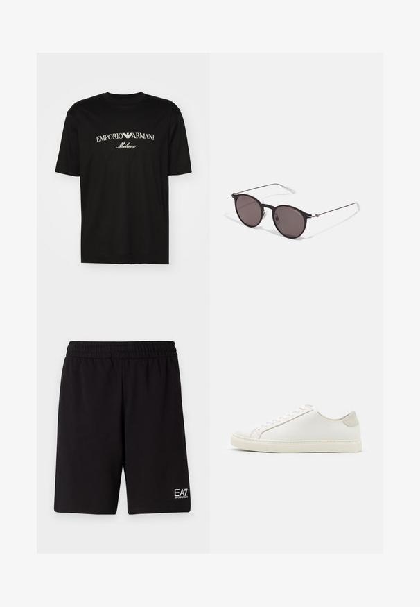 Juodas medvilninis marškinėliai su apvaliu iškirpu, trumpomis rankovėmis ir baltu "EMPORIO ARMANI" logotipu virš "Milano" kreivame dizaino.; Juodi sportiniai šortai, pagaminti iš minkštos medžiagos, su elastinga juosmens juosta ir mažu baltu logotipu apatiniame dešiniajame šone.; Baltos odinės sportinės avalynės, lygiu paviršiumi, apvaliu nosiu ir minimalistiniu dizainu. Su smėlio spalvos akcentais ant kulno ir guminis padas.; Juodos apvalios saulės akinių su tamsiais lęšiais ir plonomis metalinėmis šakomis. Įtraukti skaidrūs šventyklų galai ir sidabriniai akcentai vyrio srityje. Minimalistinis dizainas.