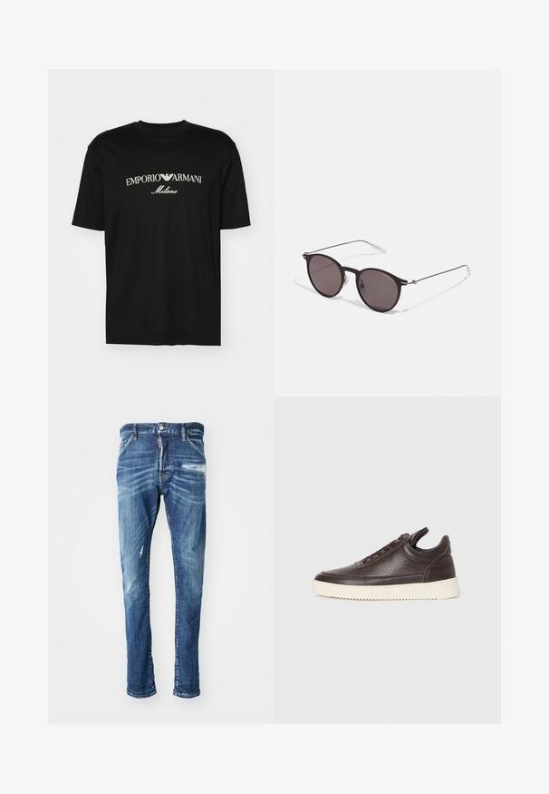 Juodas medvilninis marškinėliai su apvaliu iškirpu, trumpomis rankovėmis ir baltu "EMPORIO ARMANI" logotipu virš "Milano" kreivame dizaino.; Mėlynos džinsinės kelnės su susidėvėjusiu dizainu. Yra blukimo, šviesių šviesinimo ženklų ir mažas įplyšimas kairėje šlaunoje. Tiesios kojų formos.; Tamsiai rudas tekstūruotas odinis sportbačius su raišteliais ir baltu grioveliu ant gumos pado, pateiktas ant šviesaus fono.; Juodos apvalios saulės akinių su tamsiais lęšiais ir plonomis metalinėmis šakomis. Įtraukti skaidrūs šventyklų galai ir sidabriniai akcentai vyrio srityje. Minimalistinis dizainas.
